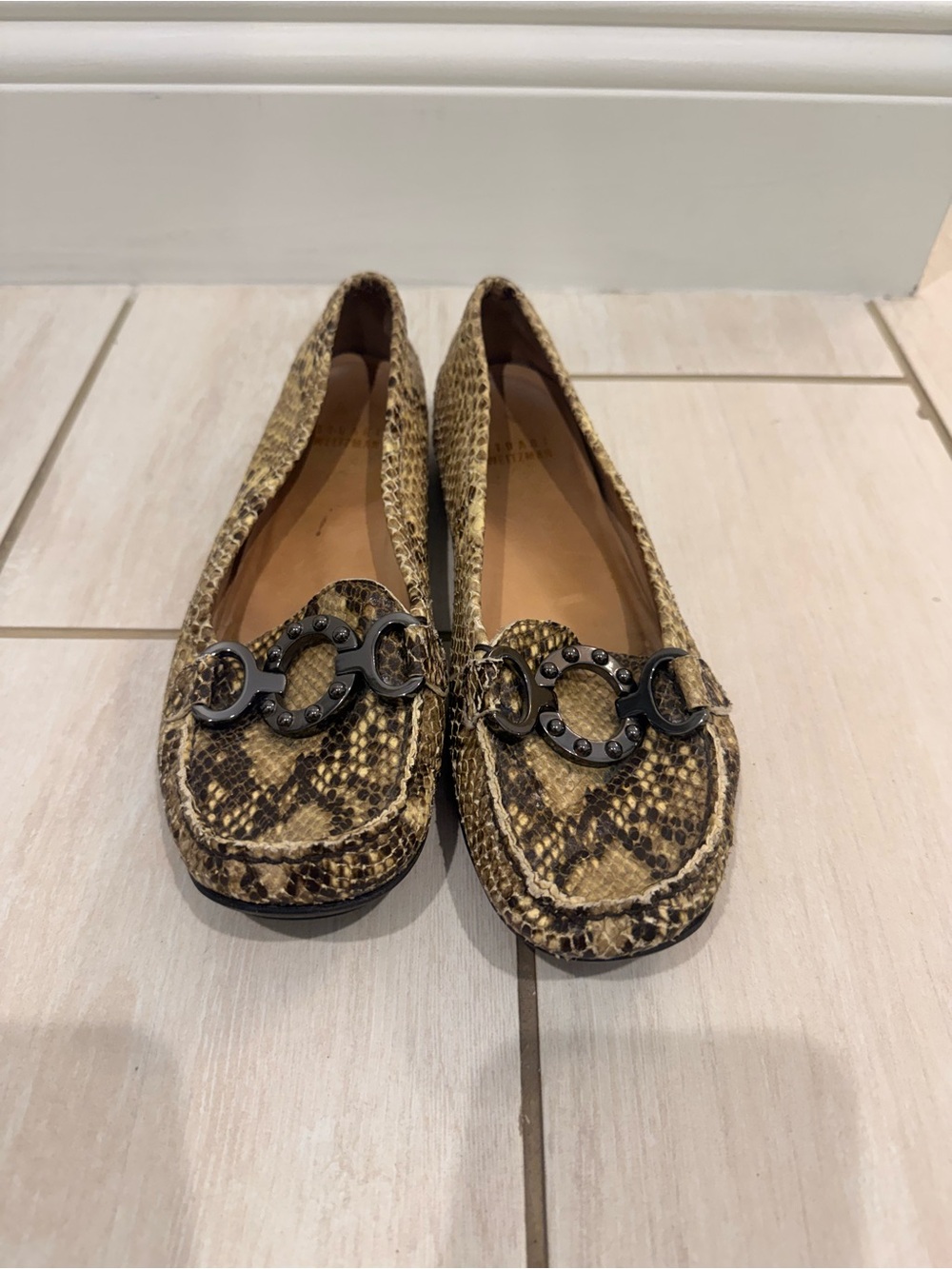 Stuart Weitzman Snake-Print Loafers in Brown and Cream with Metal Hardware